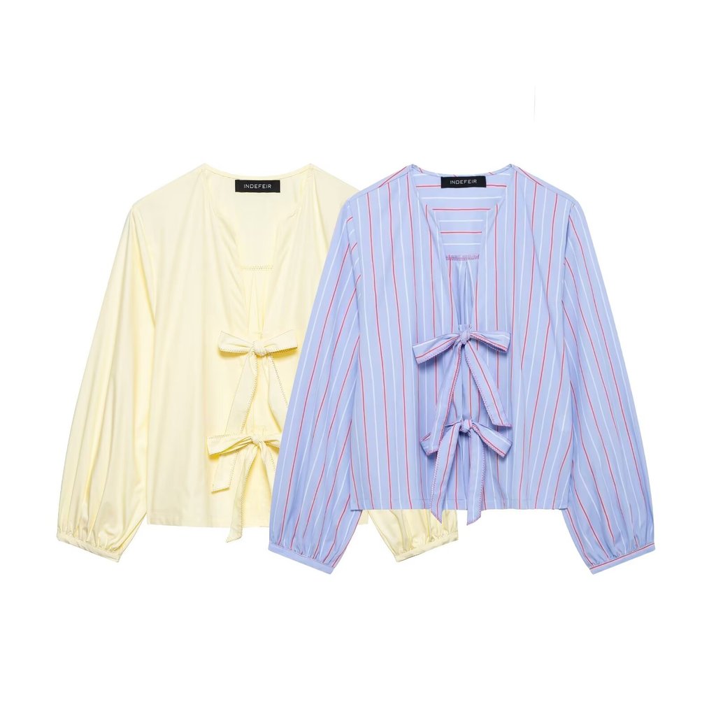 Zevity New Women Fashion Bow Decoration Striped Print Loose Smock Blouse Femme Long Sleeve Shirt