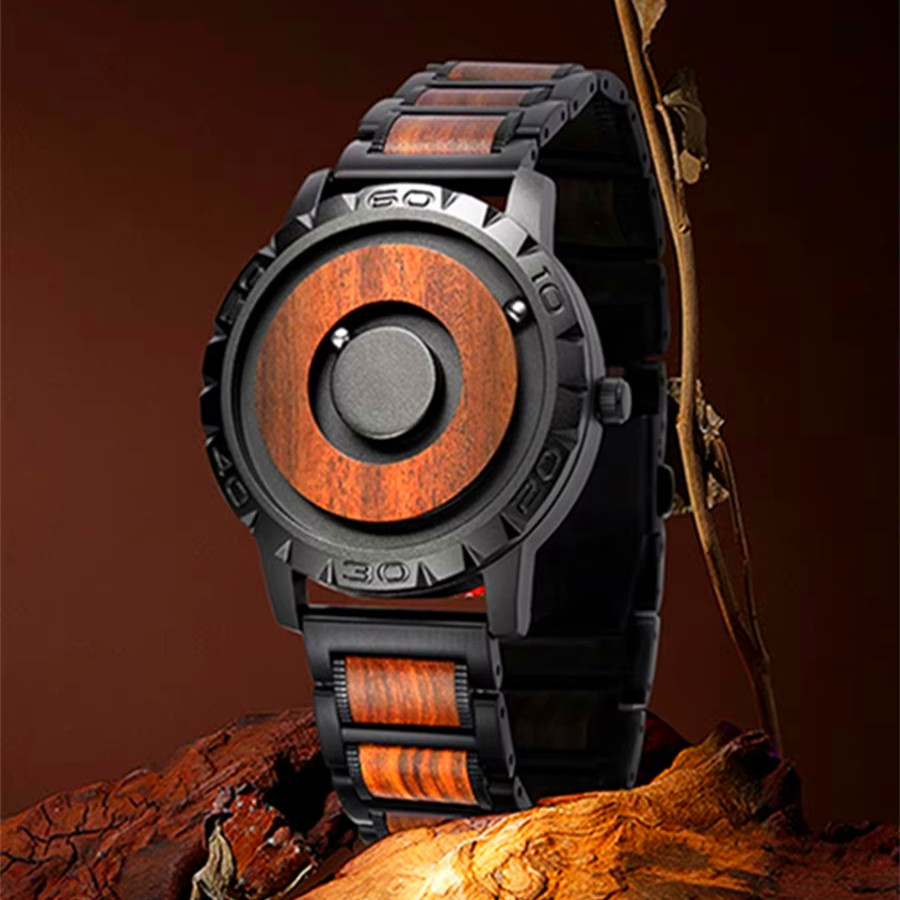 Brand EUTOUR Men's Wood Magnetic Ball Watches Luxury Sport Quartz Waterproof Watch Solid Wooden