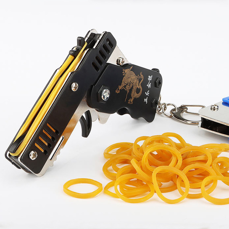 1pcs Mini Metal Gun Folding Rubber Band Toy Outdoor Sports Keychain Toy 6 Bursts Rubber Pistol Kids 