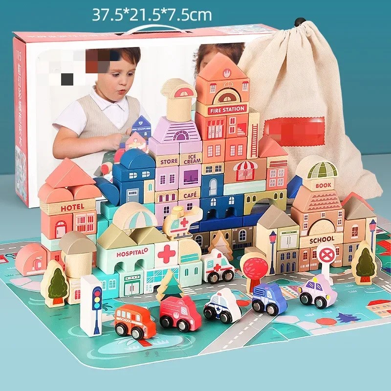 [Funny] 115pcs/set Wooden large particle building block toy Magic color city View Blocks educational