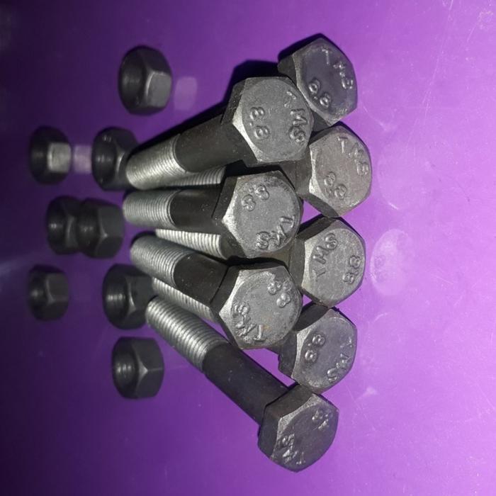 Baut + Mur Baja M 16x130 /Hitam Baja/Baja Grade 8.8/Kunci 24