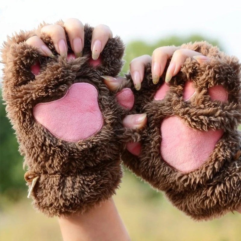 Cute Cartoon Bear Paw Fingerless Gloves Cat Paw Gloves Winter Girl Open Finger Gloves Thickened
