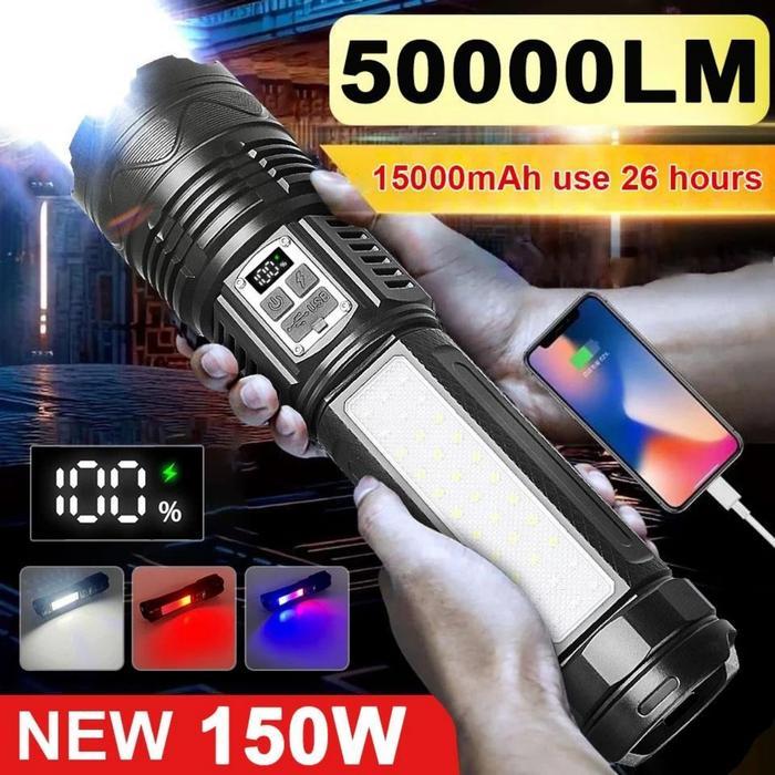 New Baru Senter LED S71 Super Terang dengan Sumber Cahaya Ganda 50000 Lumens 26650 Senter Taktis