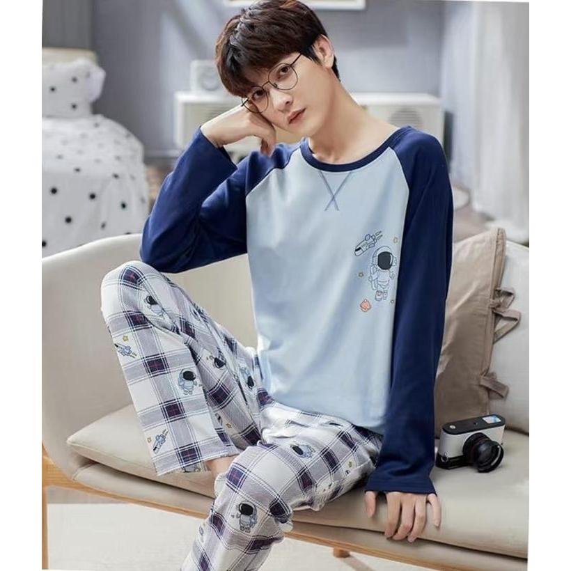 nb4m- Baju Tidur Piyama Cowok Lengan Panjang Celana Panjang Bahan Kaos Katun