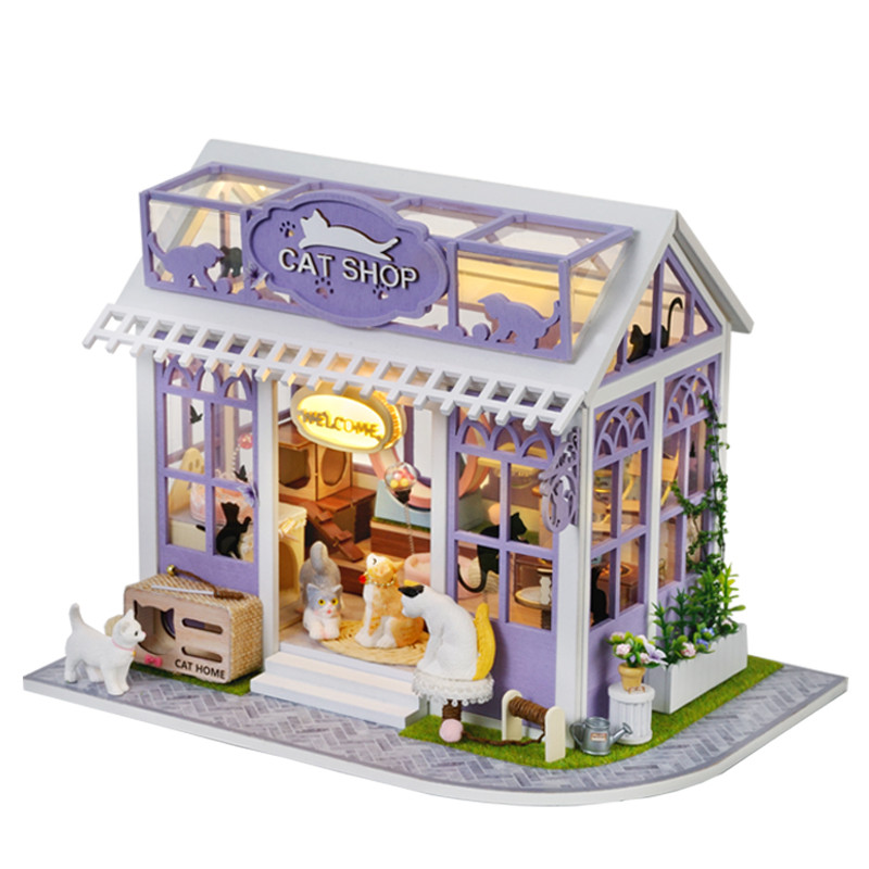 Wooden Miniature Doll House 3D Puzzle Assembly Building Model Kit Cat Shop Small Room Toys Home With
