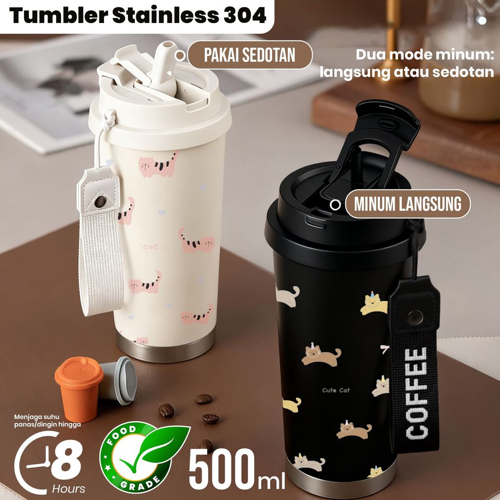 Tumbler Stainless 304 Kucing Motif Cantik dengan Kapasitas 500ml - Gelas Minum Resapan (Sedotan dan 