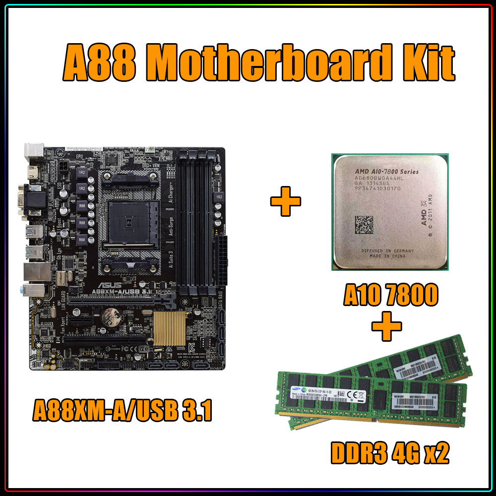 ASUS A88XM-A USB 3.1 Motherboard Kit AMD A10 Set with DDR3 4G +A10 7800 CPU FM2/FM2+, CPU 3.4GHz (OC