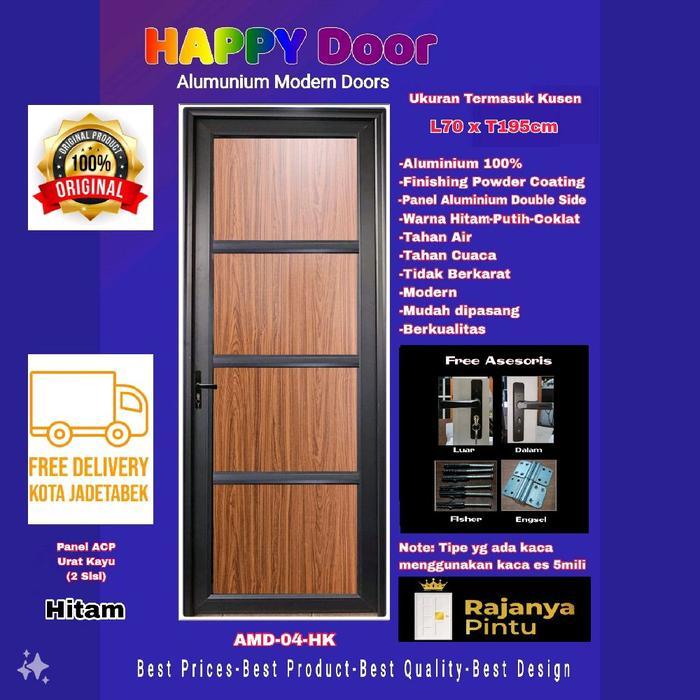 Pintu Alumunium Modern-Happy Door-AMD 04 HK-Panel ACP Urat Kayu 2 Sisi-4 Kotak-Hitam
