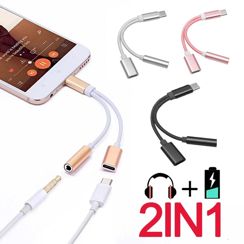 2 IN1 Type C To 3.5mm Jack Earphone Charging Cable Converter For Macbook Tablet Xiaomi Laptop