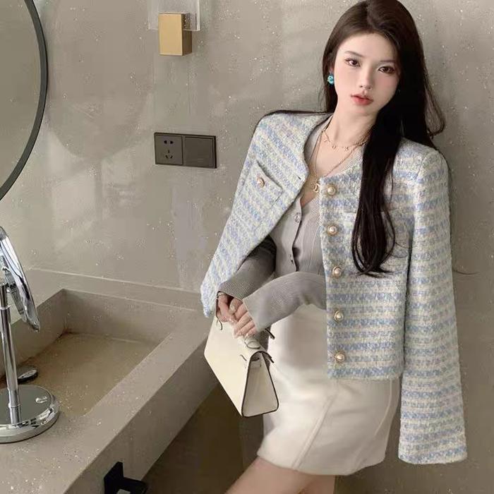 Grosir Blazer Tweed Blazer Blue Soft Blazer Wanita Lengan Panjang Blazer Casual Blazer Korea Style