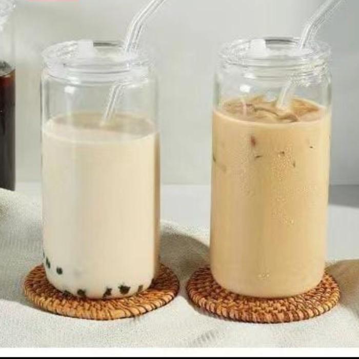 Gelas Ale Bentuk Kaleng Tutup + Sedotan Kaca Beling Bening Kuat Tebal Tahan Panas Citinova 450ML Gel