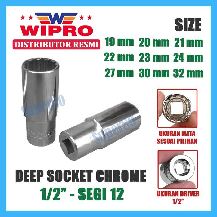 Wipro Mata Kunci Sock Shock Chrome Panjang Shock Deep Sok Socket Bintang 1/2" inci Segi 12PT 19mm