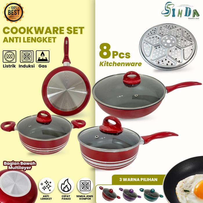 SINDA (COD) Panci Set 8 in 1 Panci Anti Lengket Batu Medis Coating Granite (4 pcs panci + 3 Tutup)