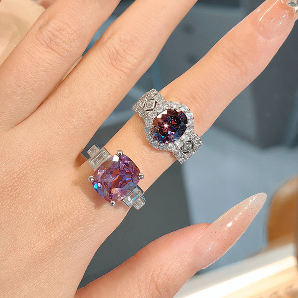 CellaCity Man-made Lab Alexandrite Gemstone Ring For Women High Carbon Diamond Colorful Treasure Set