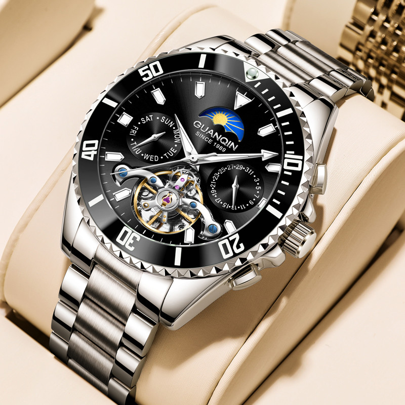 GUANQIN Luxury Mechanical Watches for Man Self-Winding Tourbillon Rotating Bezel Week Date Business