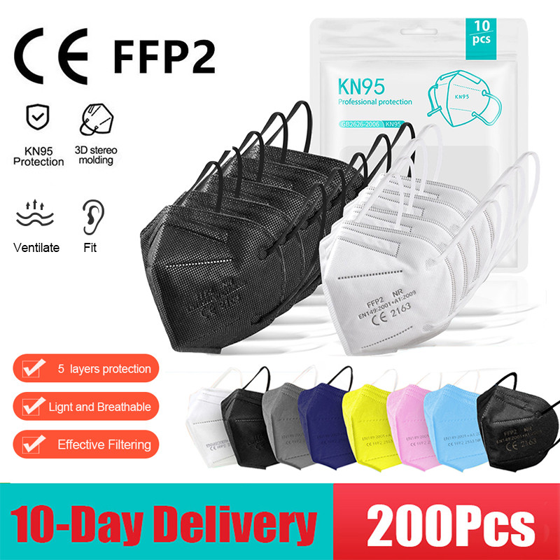 10-200pcs ffp2mask Black kn95 mascarillas negra Adults 5Layers fpp2 approved kn95 CE Respirator Face