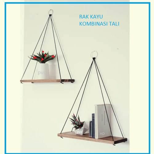 Rak kayu gantung kombinasi Tali minimalis