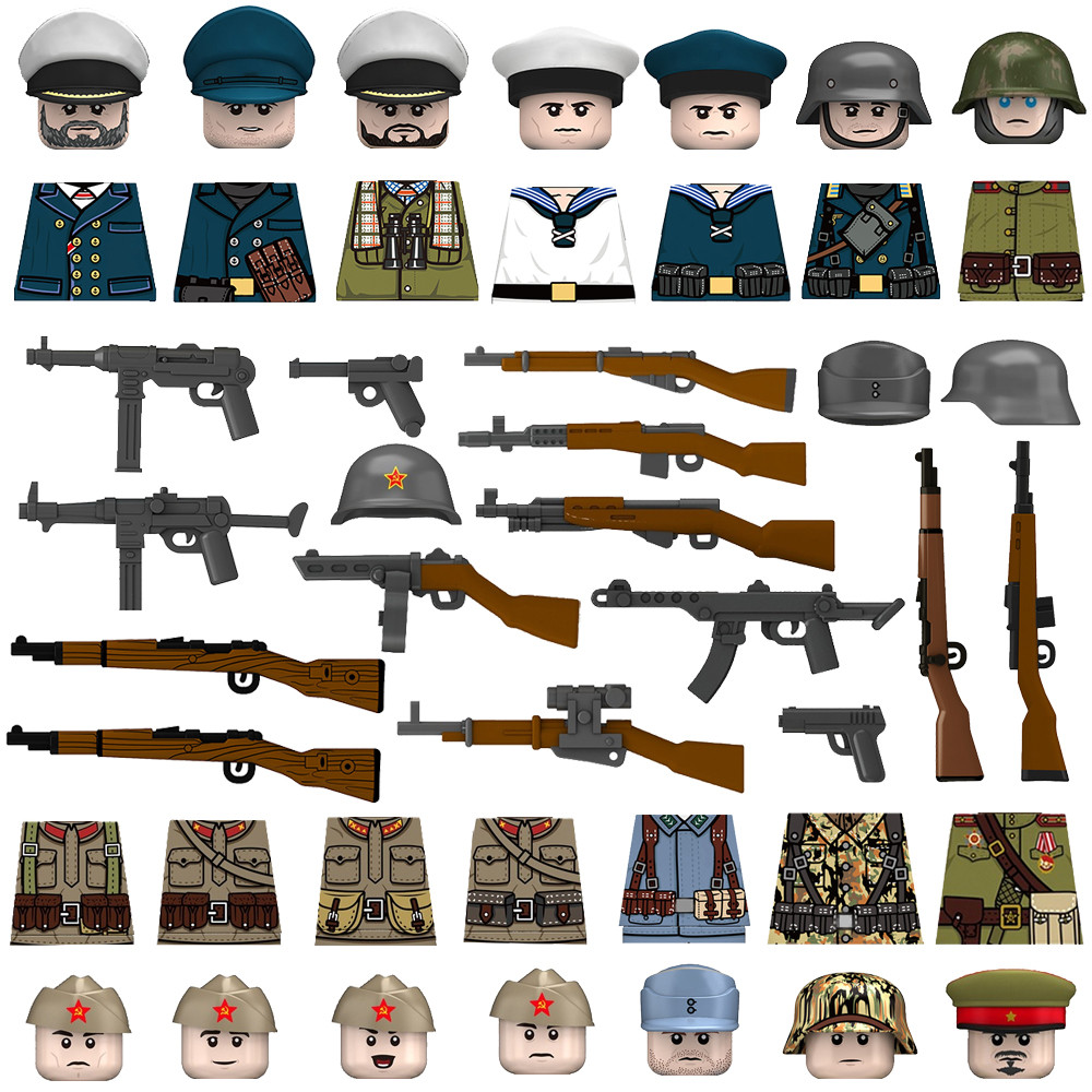 WW2 Military Soldier Figure Building Block British US French Soviet Army Helmet Accessoriy Gun MP40
