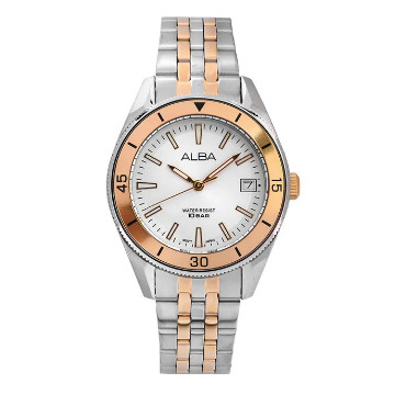 Jam Tangan Wanita Alba Active AG8Q15 AG8Q15X1 Strap Stainless Steel Dual Tone Color Women Silver Whi