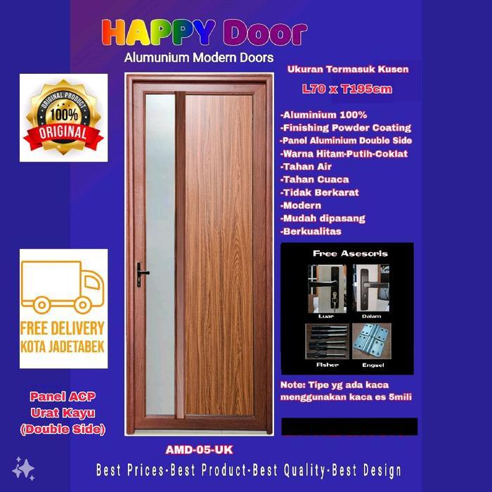 Pintu Aluminium Modern-Happy Door-AMD 05 UK-ACP 2 Sisi-Kaca Samping Es 5mm-Urat Kayu