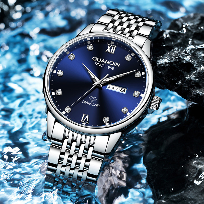 GUANQIN Luxury Men Quartz Watch Stainless Steel Alloy Case Dual-Language Date Business Leisure 30M