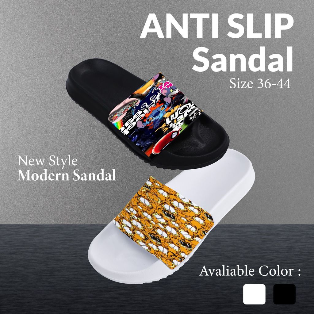 Sandal Anti Slip Wanita Pria Size 36-44 Couple Nyaman Indoor Outdoor, Desain Trendy Grafiti Motif Mo