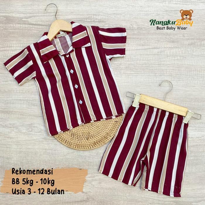 BERKUALITAS Nanaku Baby - One Set Setelan Anak Rayon Lengan Pendek Motif Salur Usia 3-12 Bulan