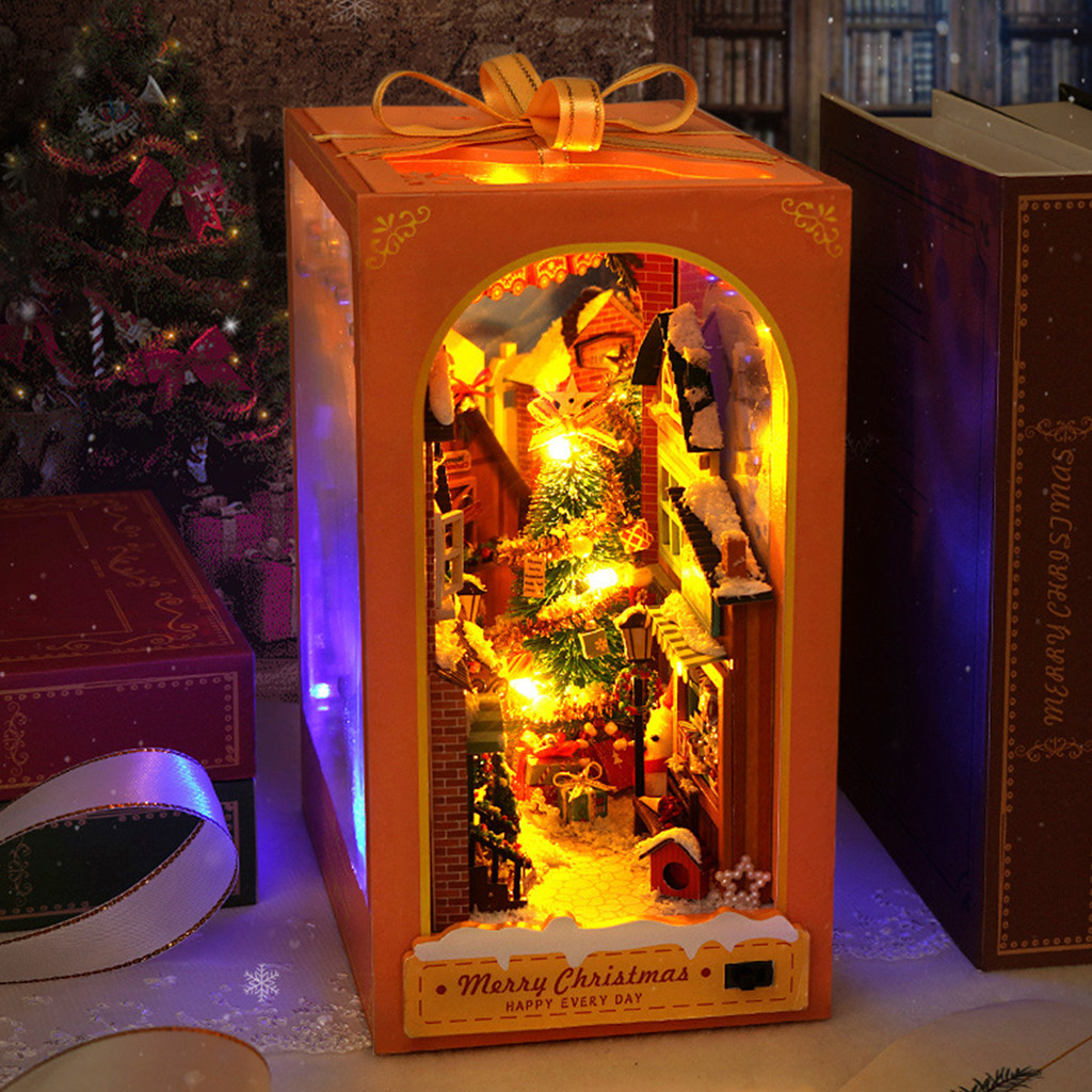 DIY Book Nook Kit 3D Wooden Book Stand Puzzle LED Glowing Book Nook Dollhouse Kit Creative Miniature