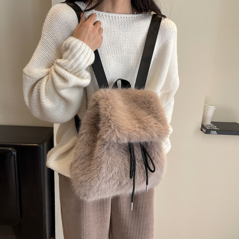 Faux Fox Fur Large Capacity Backpack for Women Student Shoulder Crossbody Bag Drawstring Magnetic