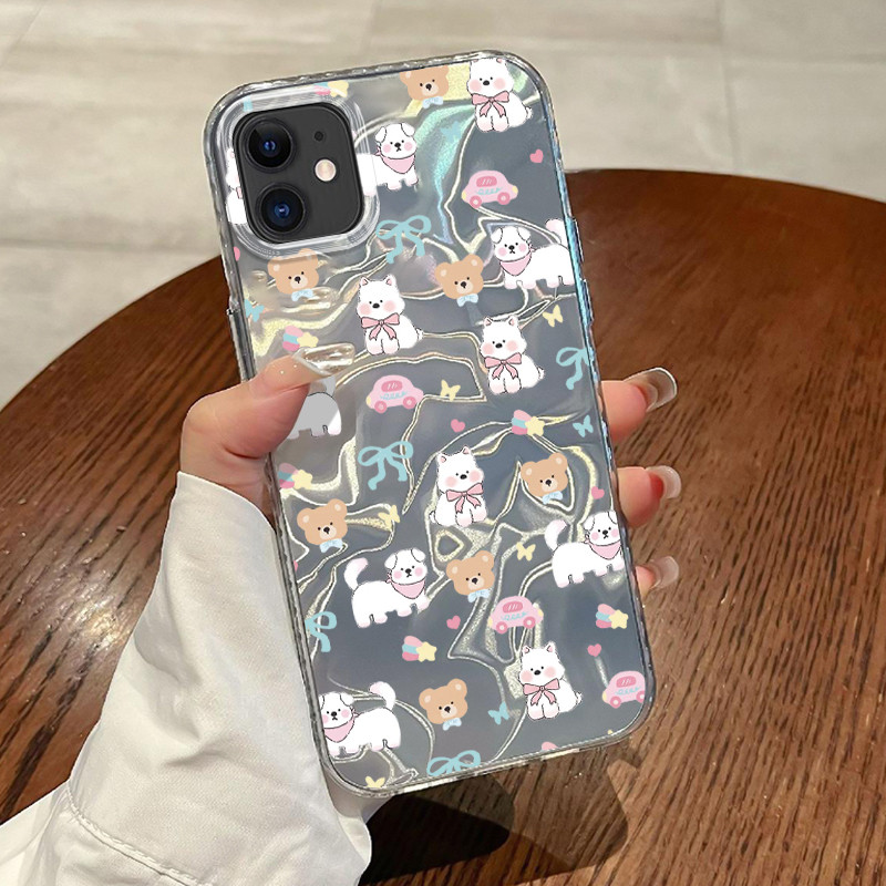 Casing Hp Untuk iPhone 11 Pro Max 12 Pro Max 13 14 15 Case Hologram Puppy Pita biru Laser Kesing Bus