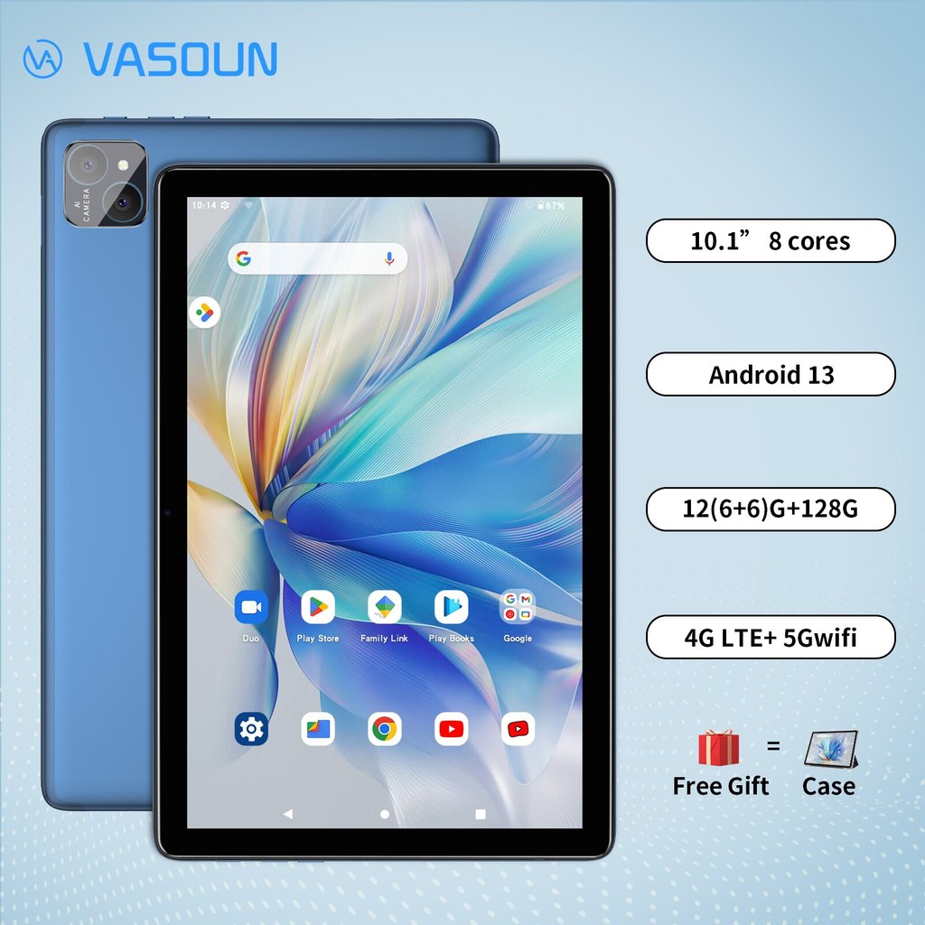 Vasoun Android 14 Tablet 10.1", 12Gb(6+6 Expand) Ram, 128Gb Rom, Octa Core, Dual Sim 4G Unlocked