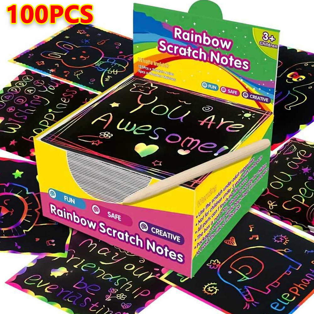 100Pcs Scratch Paper Art Set Scratch Off Rainbow Magic Paper With 2 Bamboo Stylus Black Scratch