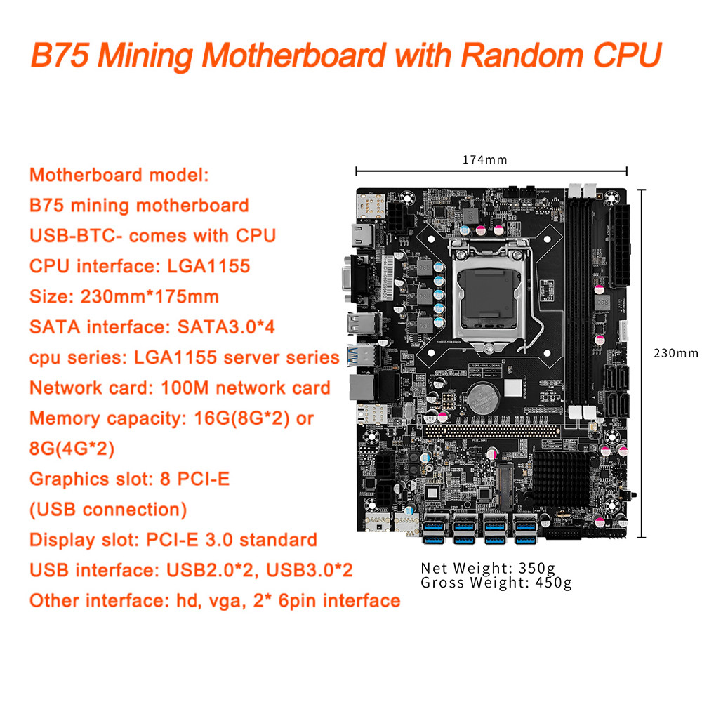 B75 BTC Mining Motherboard+ CPU 8XPCIE to USB3.0 Graphics Card Slot LGA1151 DDR3 MSATA ETH Miner Mot