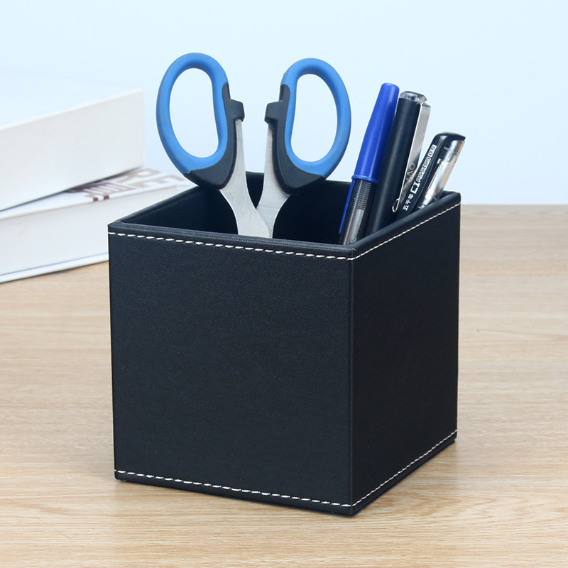 square stitching PU leather wood desk pen pencil holder case stationery organizer holder office supp