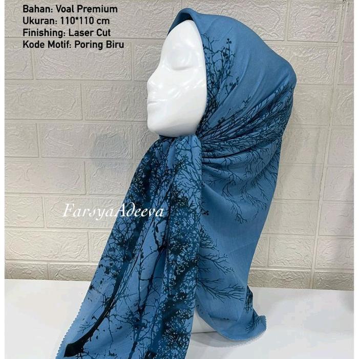 Hijab Segi Empat Voal Motif Ranting Biru Muda