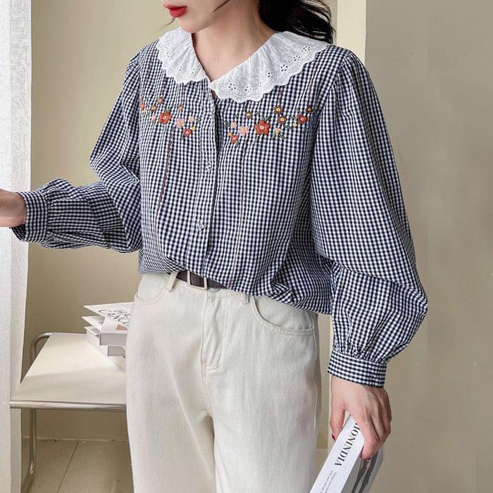 Blus Katun Kotak Hitam Kerah Slim Renda Putih Lengan Balon Korea Import