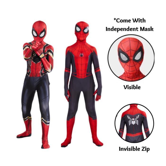 KOSTUM SPIDERMAN MERAH HITAM BAJU COSPLAY SUPERHERO ANAK DAN DEWASA + TOPENG CLASSIC HALLOWEEN