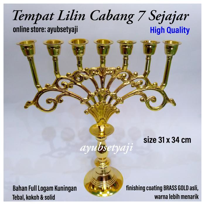 Tempat Lilin Cabang 7 sejajar FULL Kuningan solid Kaki Dian BRASS Gold Promo Premium