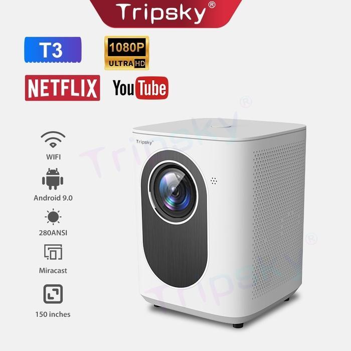 Tripsky Proyektor Android 4k Full Hd T3 Videotron Proyektor 4K Decoding HD Portabel dengan Bluetooth