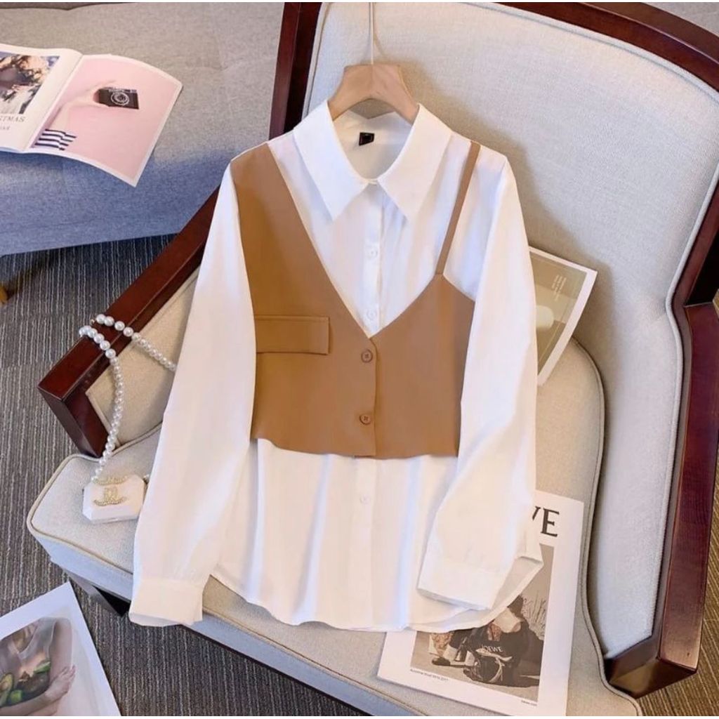 Kemeja Vest Wanita Jumbo Atasan OOTD Baju Wanita Kerja Lengan Panjang Kemeja Rompi Bahan Micro Mix C