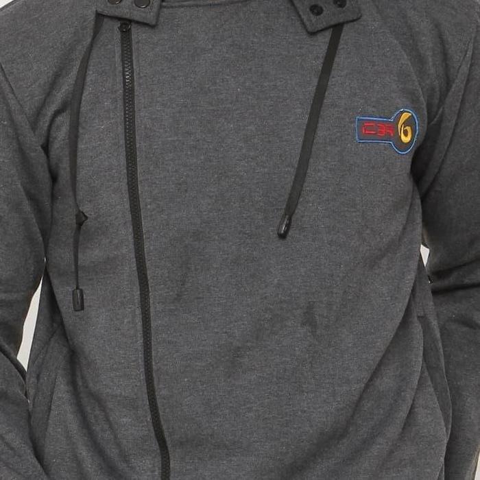 Sweater jaket pria / distro penutup kepala hoodie rib elastis abu