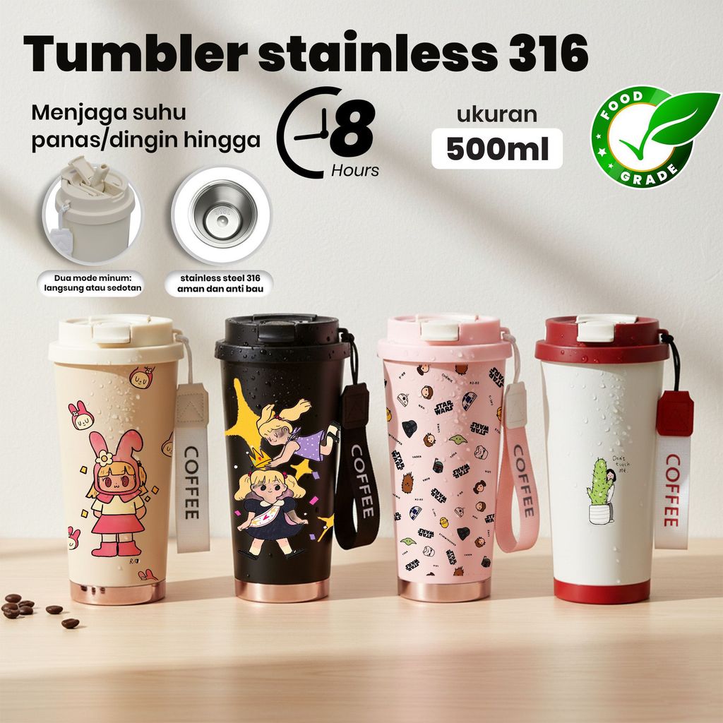 Tumbler Stainless 316 Botol Minum 500ml Food Grade - 8 Jam Tahan Suhu, Desain Kartun & Animasi (Keli