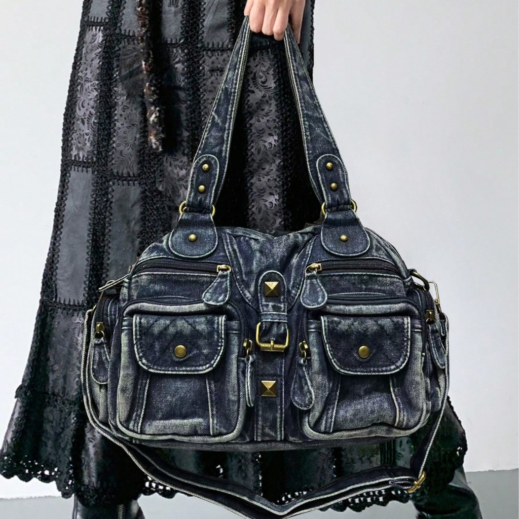 Tas Denim Tote Wanita Vintage - Bahan Denim Dicuci, Desain Retro, Multi Kantong, Ukuran Sedang, Warn