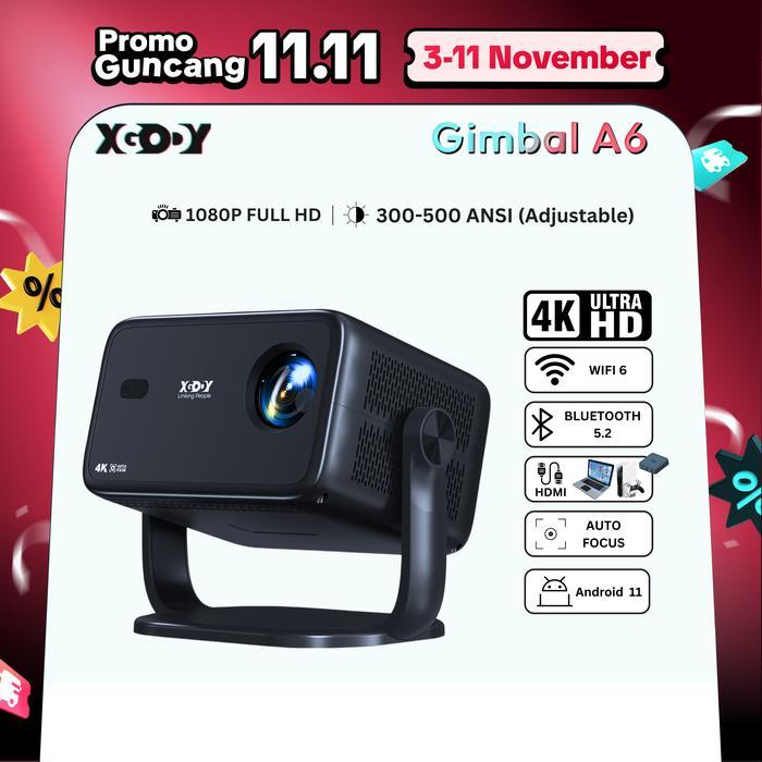 XGODY Gimbal A6 Smart Proyektor 1080P 4K Decoding 500 ANSI Lumens Android 11