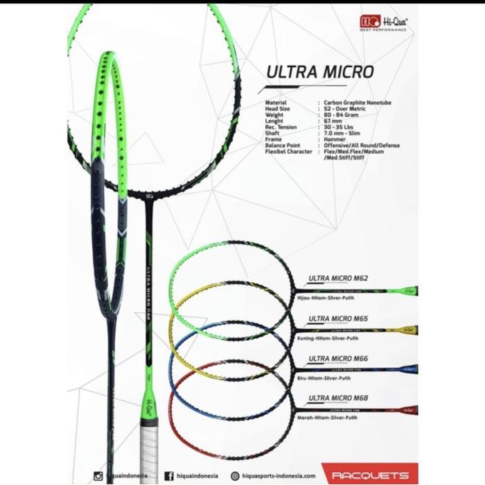 Raket Badminton HIQUA HQ ULTRA MICRO M62/M65/M66/M68 kuat 32 lbs ORI