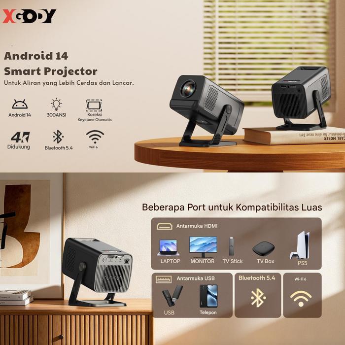 Xgody Gimbal 5 Go Smart Proyektor Lcd - Android 14 - 720P - Built-In Speaker - Netflix - Youtube -
