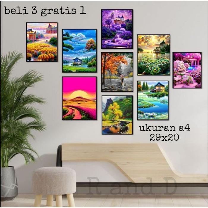 Bingkai foto pemandangan, hiasan dinding bingkai kayu ukuran A4, poster gambar gunung, gambar bunga,