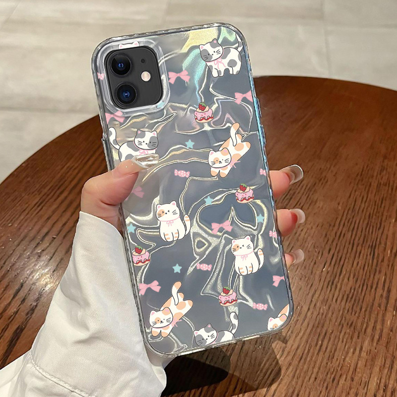 Casing Hp Untuk iPhone 11 Pro Max 12 Pro Max 13 14 15 Case Kitten Pink ribbon Laser Kesing Busa Temb