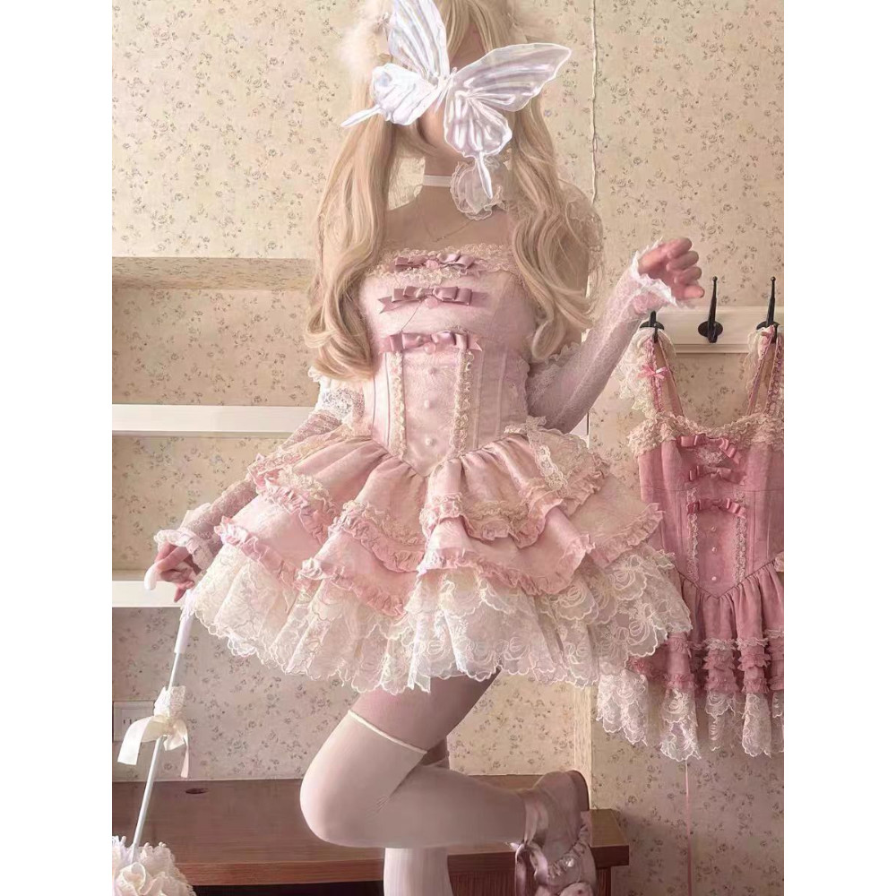 Summer New Sweet Slim Bow Lace Sling Dress Women Pretty Kawaii Ruffle Lovely Lolita Dresses Female