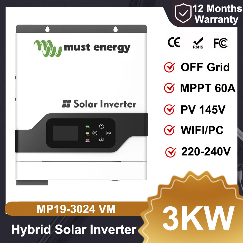 Must Energy 3Kw 24V Mppt 60A Home Hybrid Solar Inverter Pv 145V Off Grid Li Lifepo4 Solar System